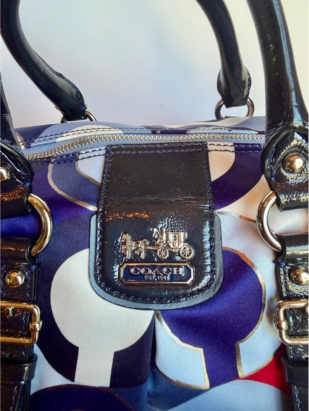 Coach 21233 Kristin Op Art Satin Satchel Crossbody Bag Blue Red Patent Leather